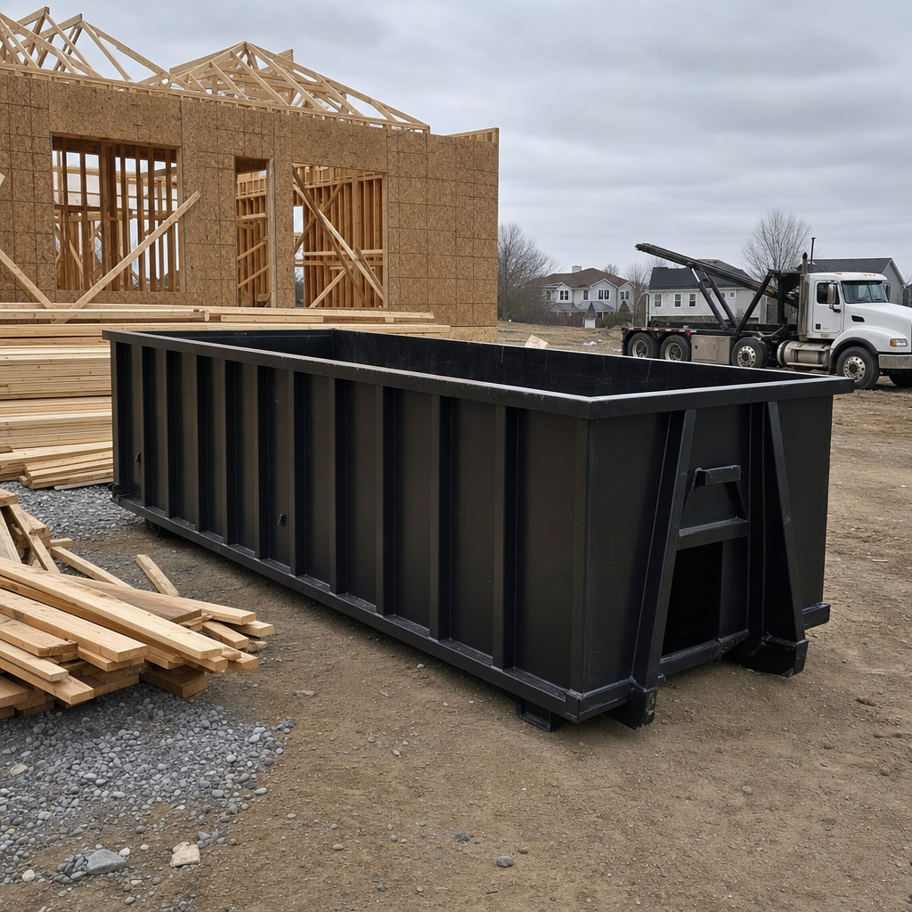 Matte-black 40-yard roll-off dumpster staged on a framed-out residential construction site in Santa Cruz, framing lumber stacked nearby, hooklift delivery truck visible in the background under bright Colorado daylight