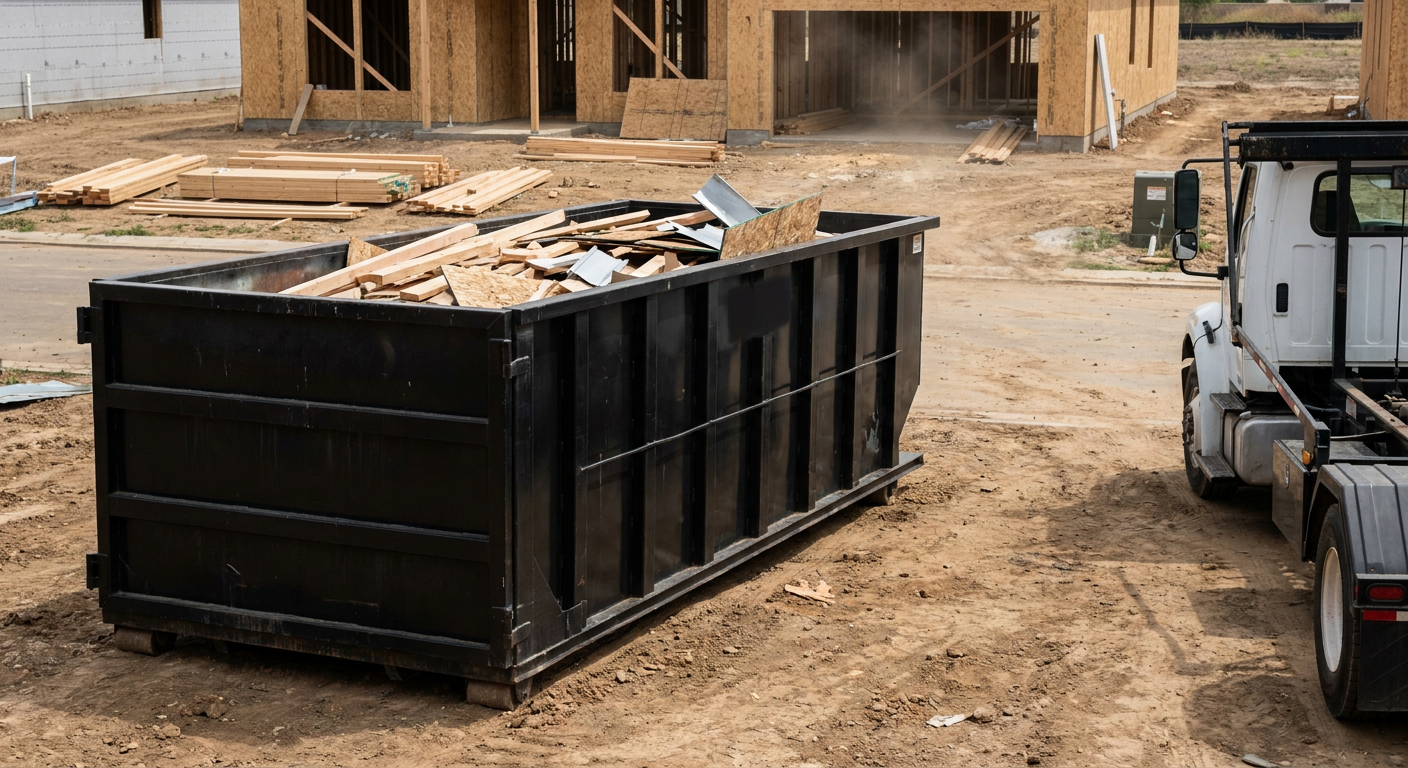 Matte-black 20-yard roll-off construction dumpster with heavy ribbed steel sidewalls and swing rear doors at a working jobsite in Santa Cruz, sitting directly on compacted dirt with an unmarked white hauler partially visible at the far edge of the frame.