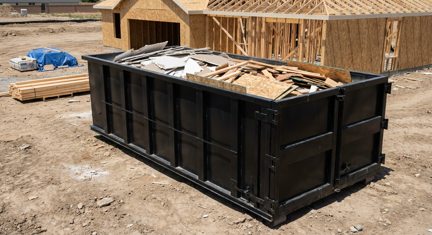 Matte-black 30-yard roll-off construction dumpster sitting directly on the compacted-dirt site of a framed single-family home build in Santa Cruz, drywall and lumber scrap loaded inside.