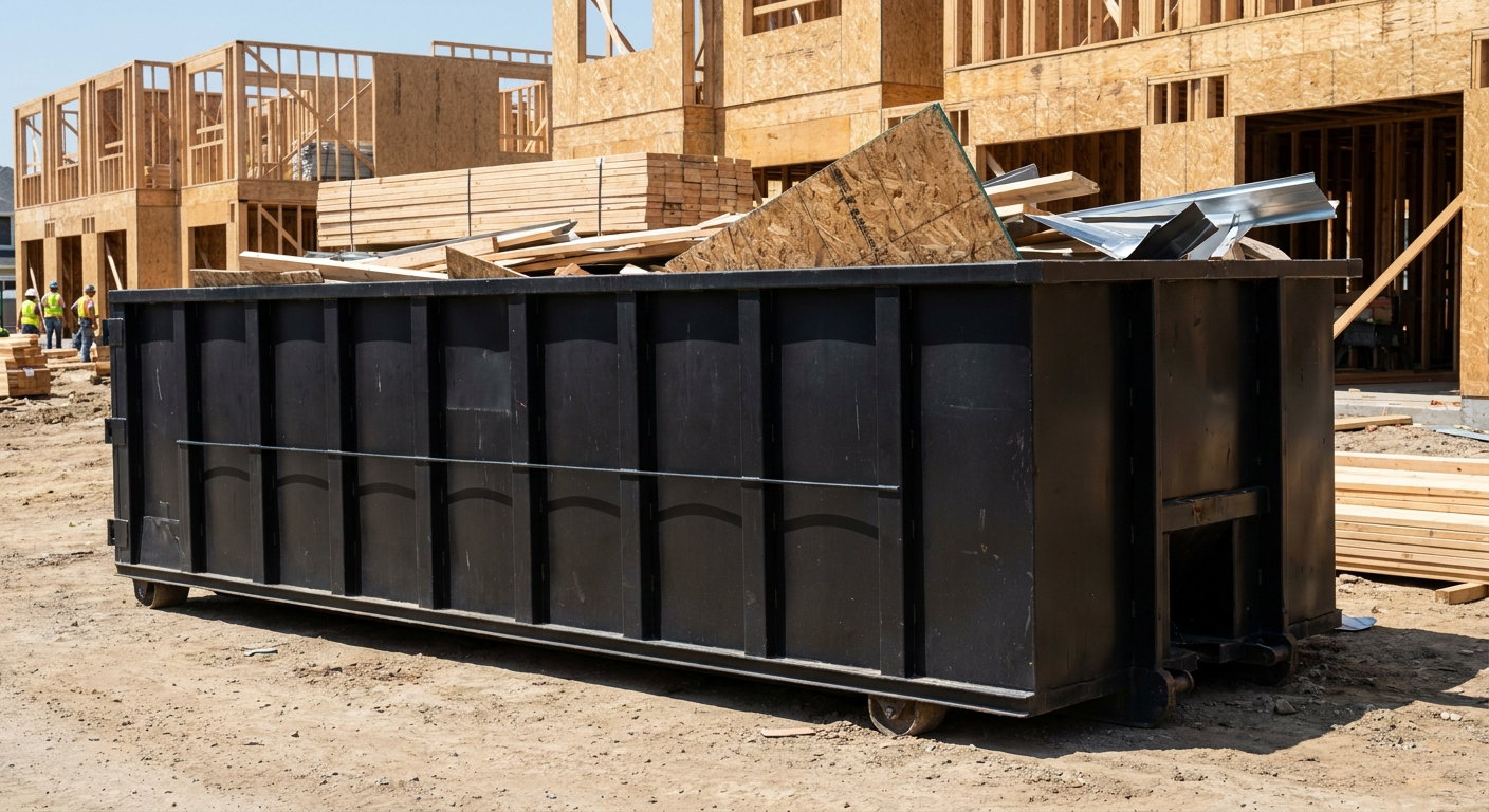 Matte-black 40-yard roll-off construction dumpster being lowered from a white-cab hooklift delivery truck onto the compacted-dirt jobsite at a commercial build site in Santa Cruz