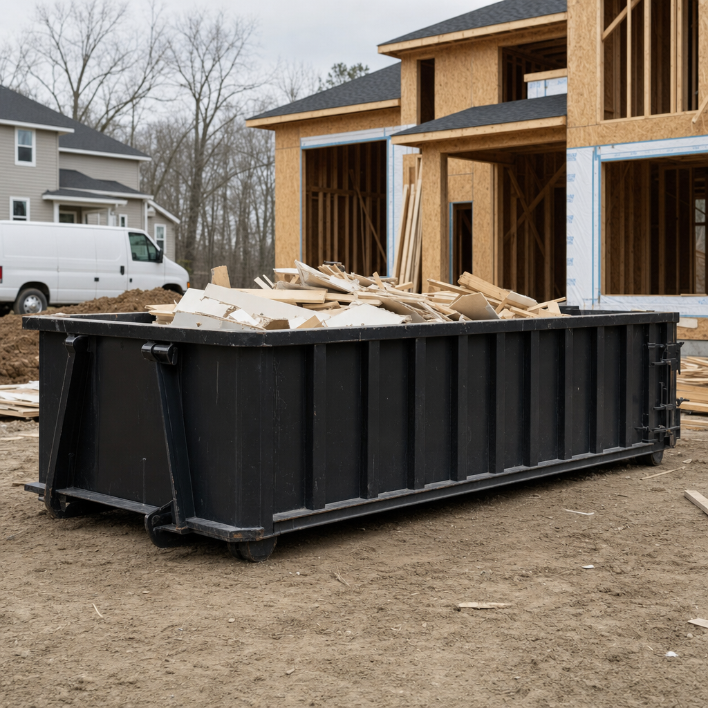 Worker in a yellow high-visibility vest tossing framing lumber and broken drywall into a matte-black 30-yard construction roll-off dumpster on an active build site in Santa Cruz, bright daylight