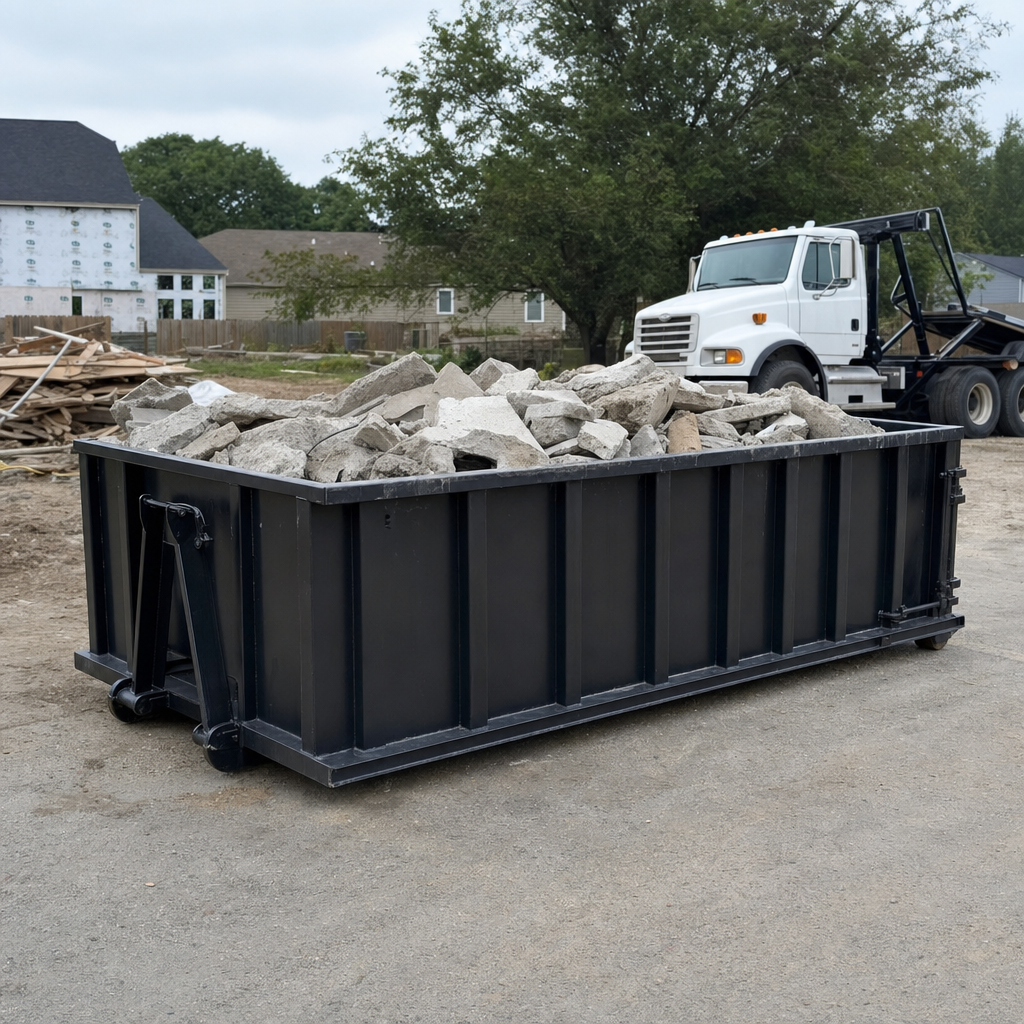 Low-profile matte-black lowboy roll-off dumpster loaded with broken concrete slab and rebar at a foundation tear-out in Santa Cruz, skid steer parked beside it, sunny Colorado morning