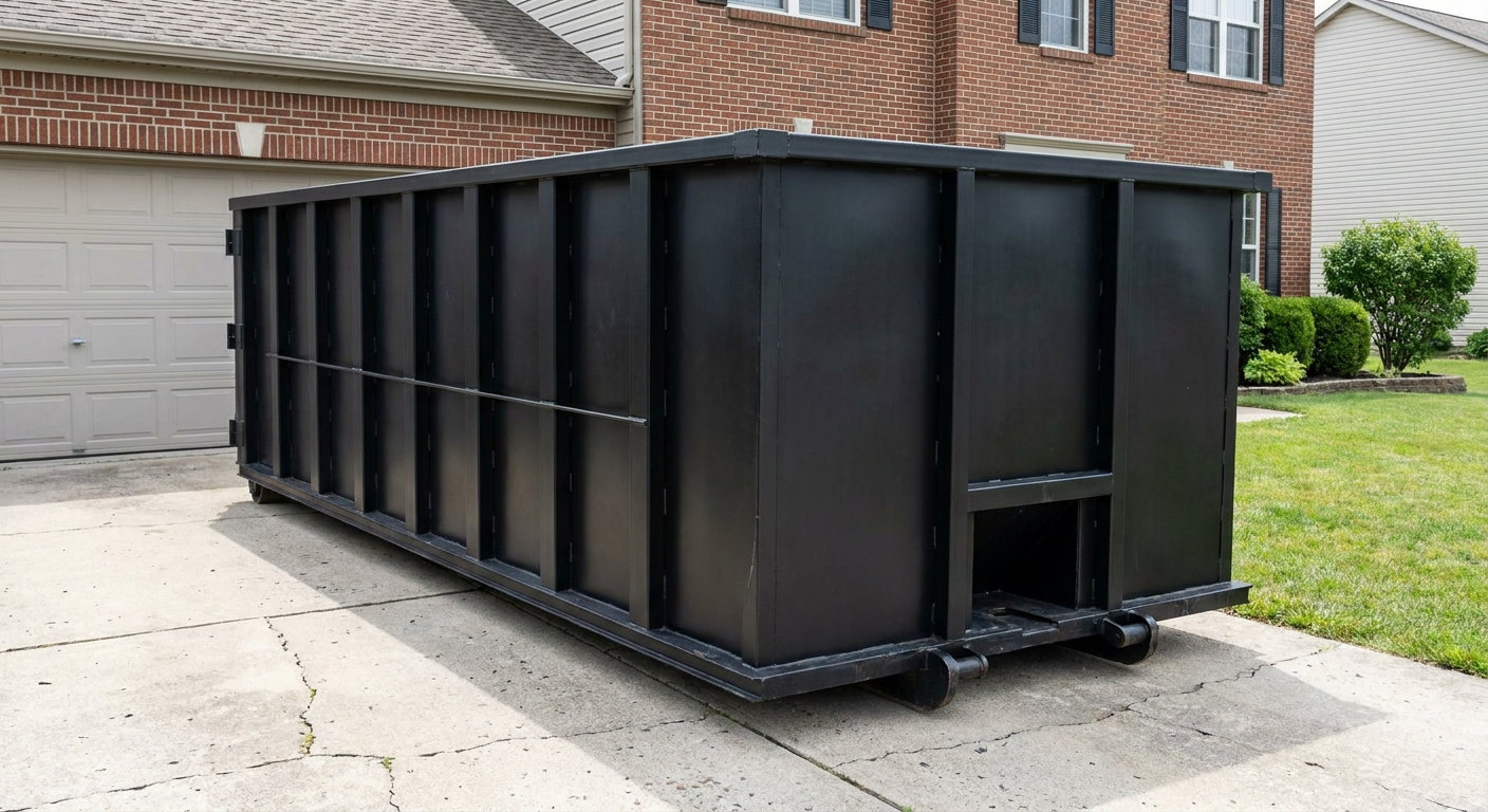 Matte-black 20-yard roll-off container on a Santa Cruz residential concrete driveway with reinforced ribbed steel sidewalls and a hinged rear walk-in door, clean bright daylight.