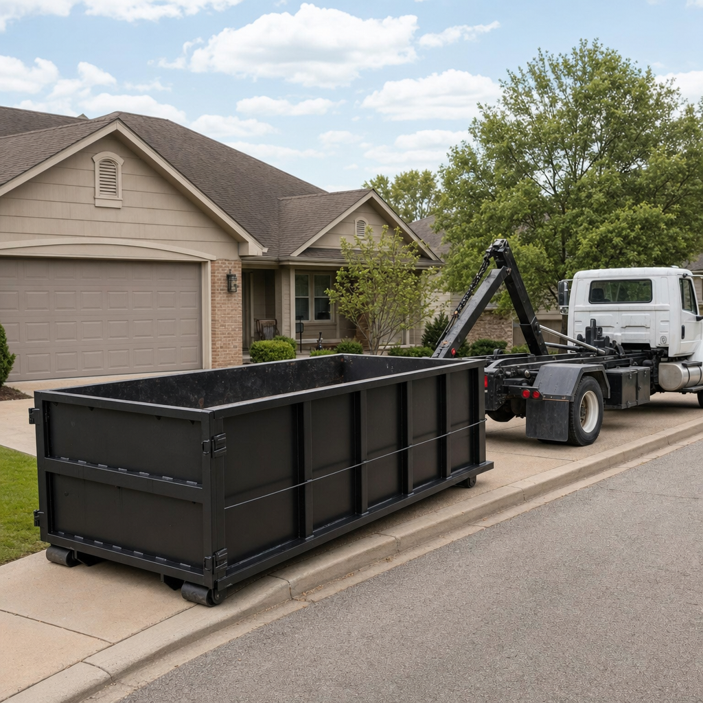 Wide documentary shot of a matte-black roll-off dumpster on a Santa Cruz residential driveway in the foreground and a contractor jobsite container in the soft-focus background, bright daylight, calm and orderly composition.
