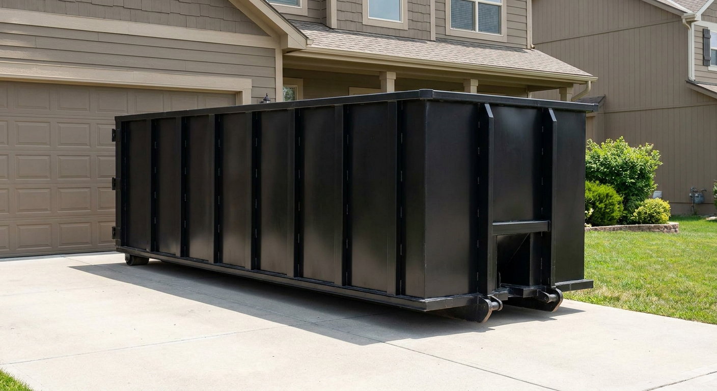 Matte-black residential roll-off dumpster sitting directly on a suburban Santa Cruz concrete driveway, garage door closed, single-family home in background, bright morning daylight.