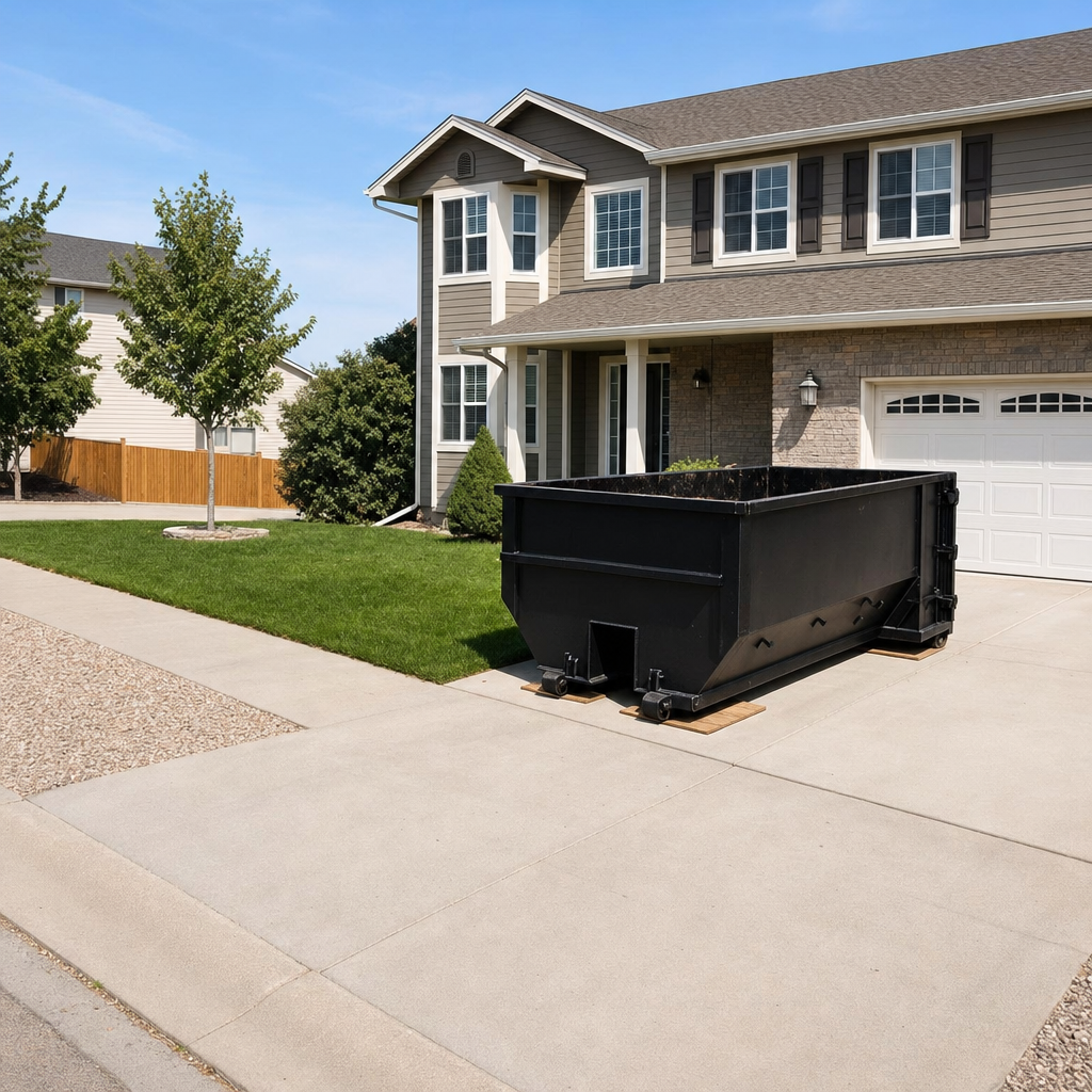 10-yard matte-black residential dumpster placed directly on a narrow Santa Cruz concrete driveway, room remains for a parked sedan beside it, mid-morning natural light