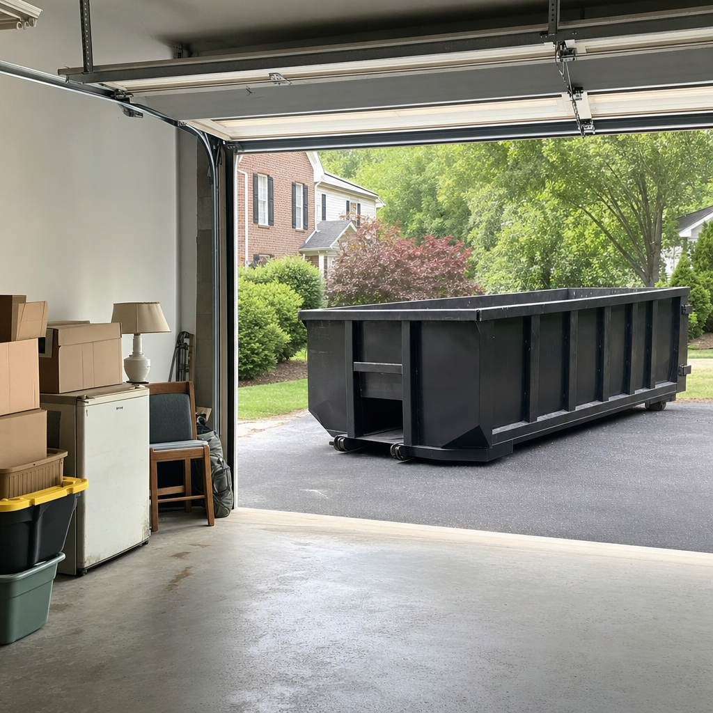 Open garage interior in a Santa Cruz home mid-cleanout — boxed items, an old appliance, and stacked yard tools queued near the driveway for a matte-black roll-off dumpster, organized and calm