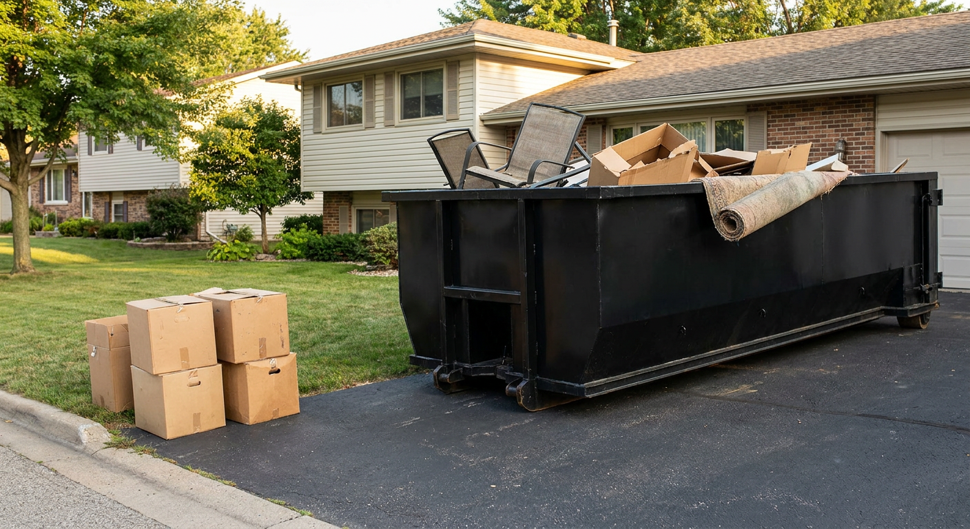 Front-yard view of a Santa Cruz split-level home with a 20-yard matte-black roll-off dumpster sitting directly on the asphalt driveway, a few clearly labeled donation boxes staged at the curb, calm sunny afternoon.