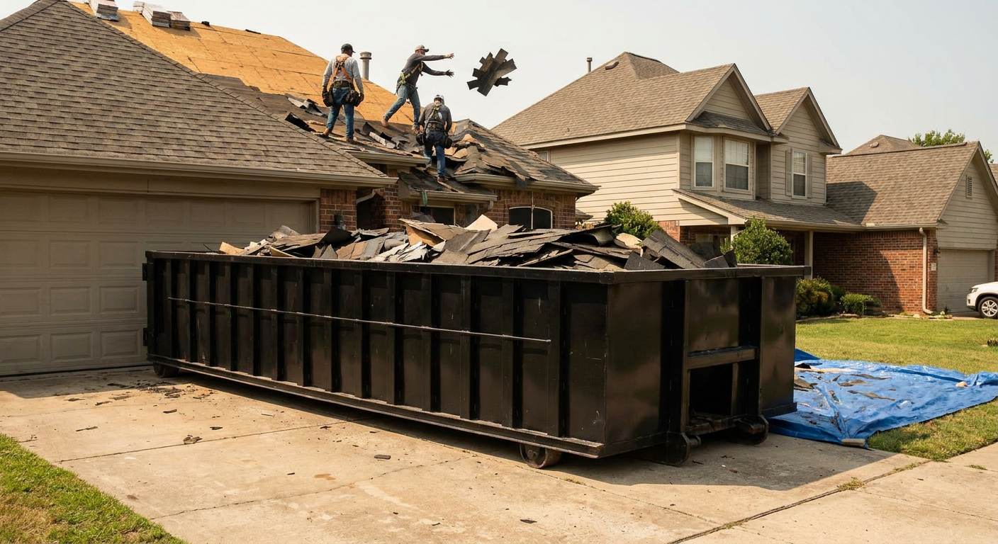 Matte-black roofing roll-off dumpster placed directly on a Santa Cruz residential concrete driveway, a tear-off crew on a two-story asphalt-shingle roof tossing shingle bundles into the low-walled container, bright daylight, documentary 35mm perspective.