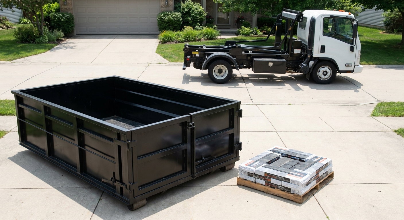 Matte-black 15-yard roofing roll-off dumpster with reinforced low side walls sitting directly on a Santa Cruz residential concrete driveway, three-tab asphalt shingle bundles stacked nearby, an unmarked white hauler truck partially visible at the edge of the frame.