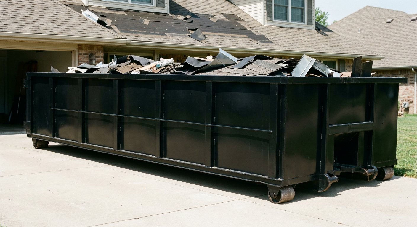 Matte-black 20-yard roofing roll-off dumpster with steel ribbed sides and swinging rear door, sitting directly on the concrete driveway of a two-story Santa Cruz home, asphalt shingle debris being loaded over the low wall, clean documentary lighting.