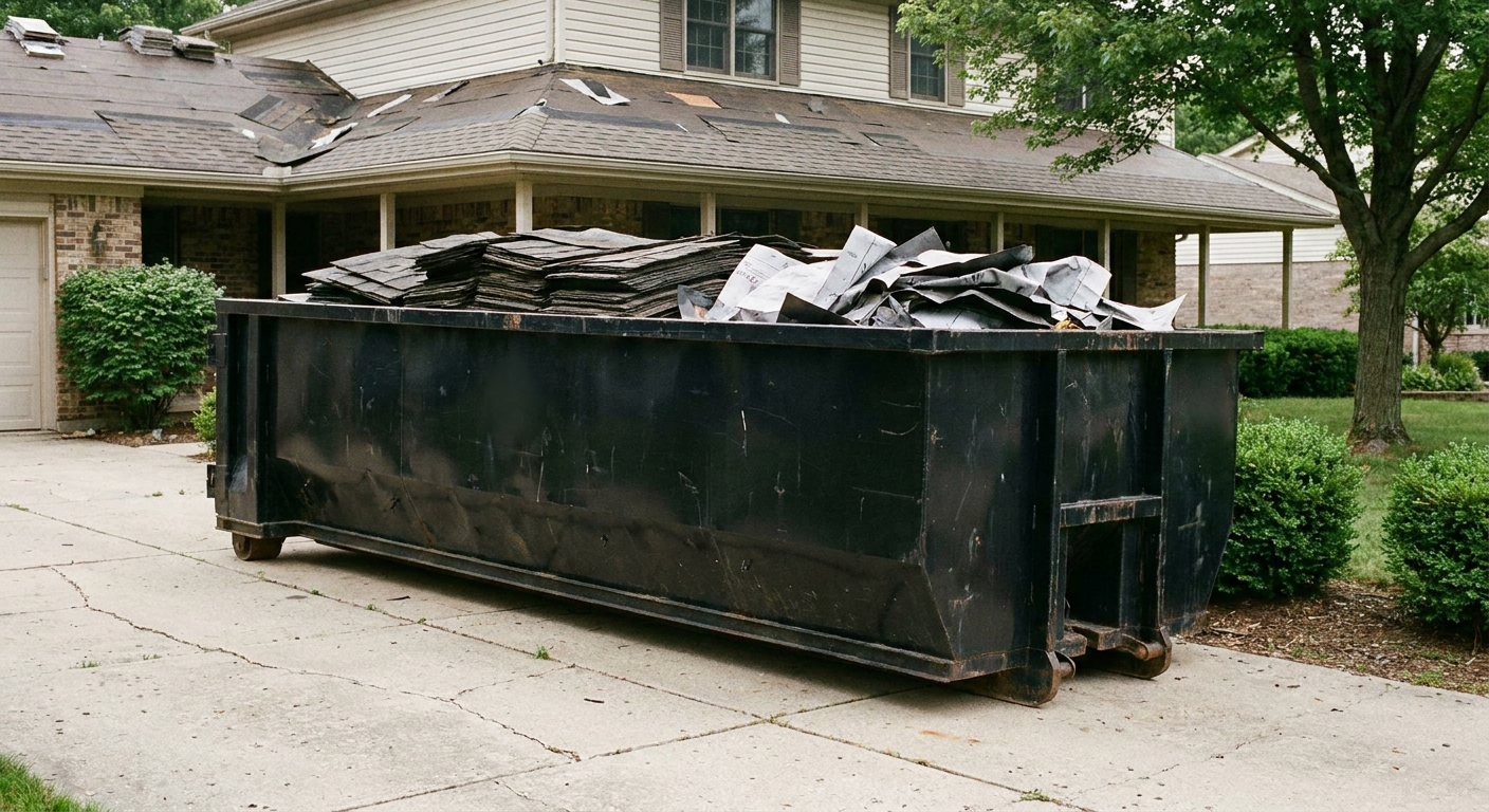 Matte-black 30-yard roofing roll-off dumpster sitting directly on a Santa Cruz concrete driveway, taller ribbed steel side panels, mixed tear-off debris of asphalt shingles and underlayment inside, professional documentary daylight.