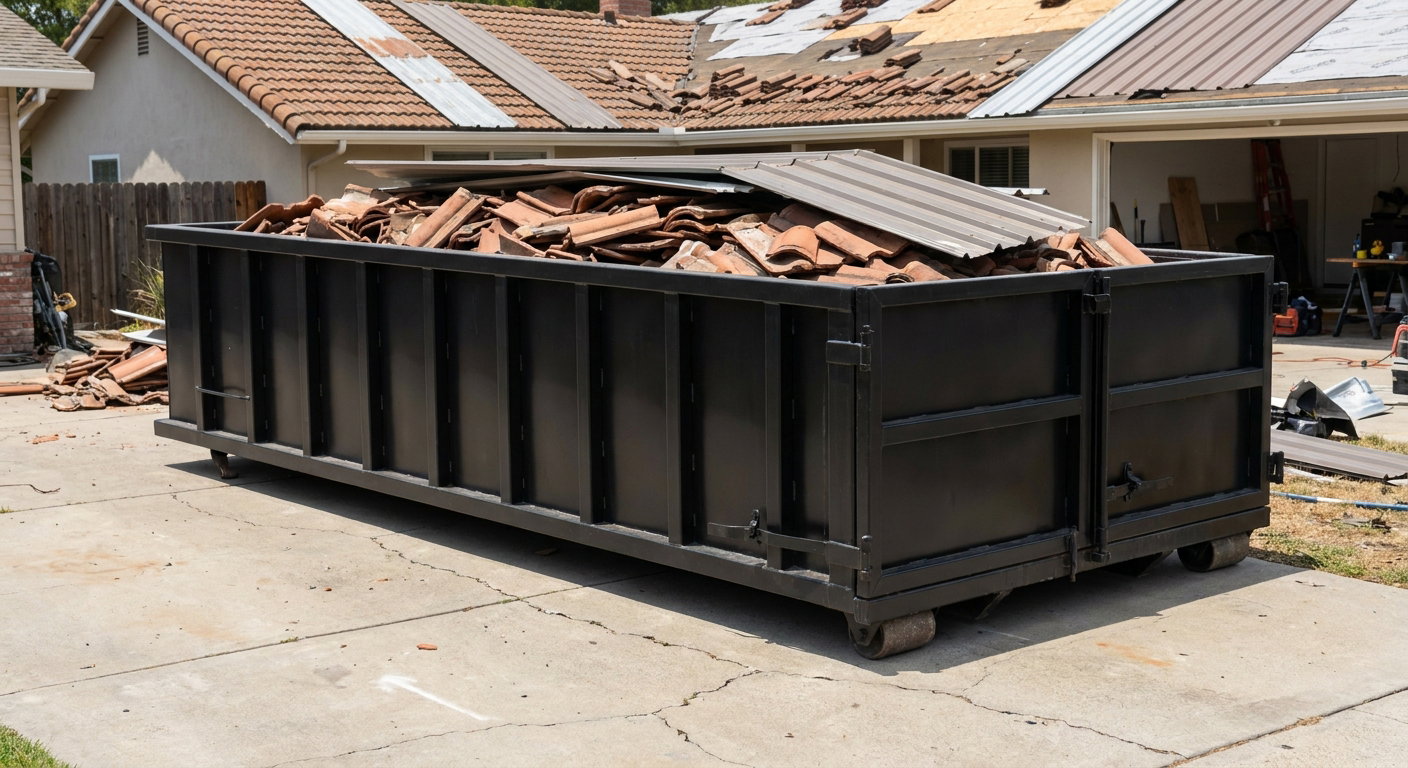 Matte-black low-wall heavy-debris roofing roll-off dumpster sitting directly on a Santa Cruz concrete driveway, broken concrete clay roof tiles and metal panel sections loaded inside, reinforced ribbed steel side walls visible, bright outdoor daylight.