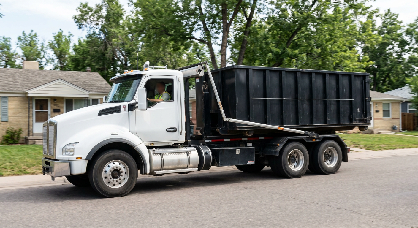 A wide documentary shot of a matte-black roll-off delivery truck pulling onto a quiet Santa Cruz residential street at mid-morning, with neighborhood rooftops and tree-lined blocks visible behind, showing the metro coverage footprint.
