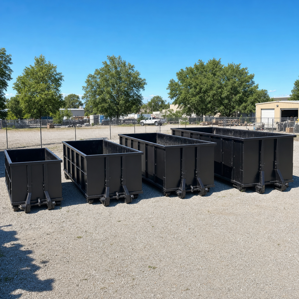 A clean lineup of matte-black roll-off dumpsters in 10, 20, 30, and 40-yard sizes staged on a sunlit gravel yard in Santa Cruz, showing the size progression from compact to commercial-scale containers.