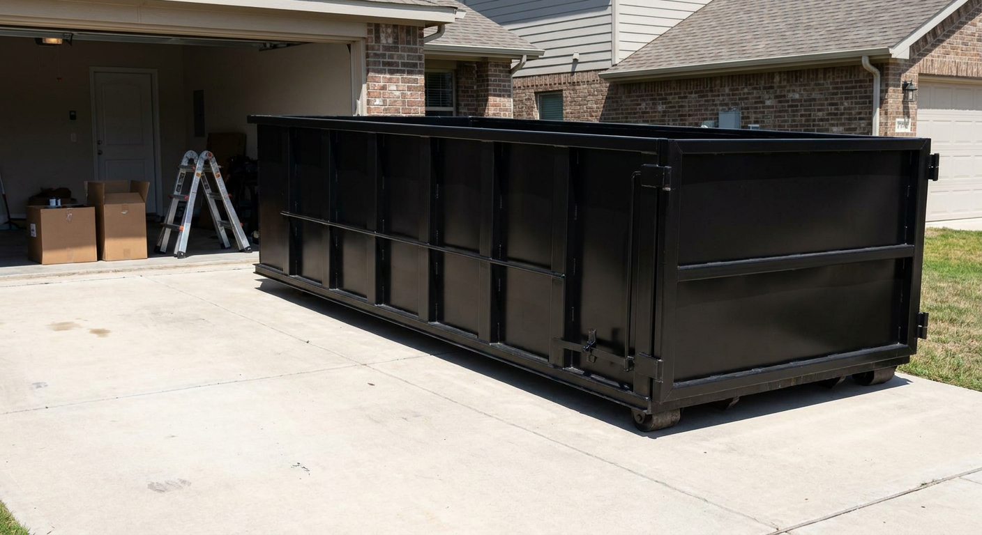 A matte-black 10-yard roll-off dumpster sitting directly on a residential Santa Cruz concrete driveway, mid-day sunlight, clean and ready for a garage cleanout.