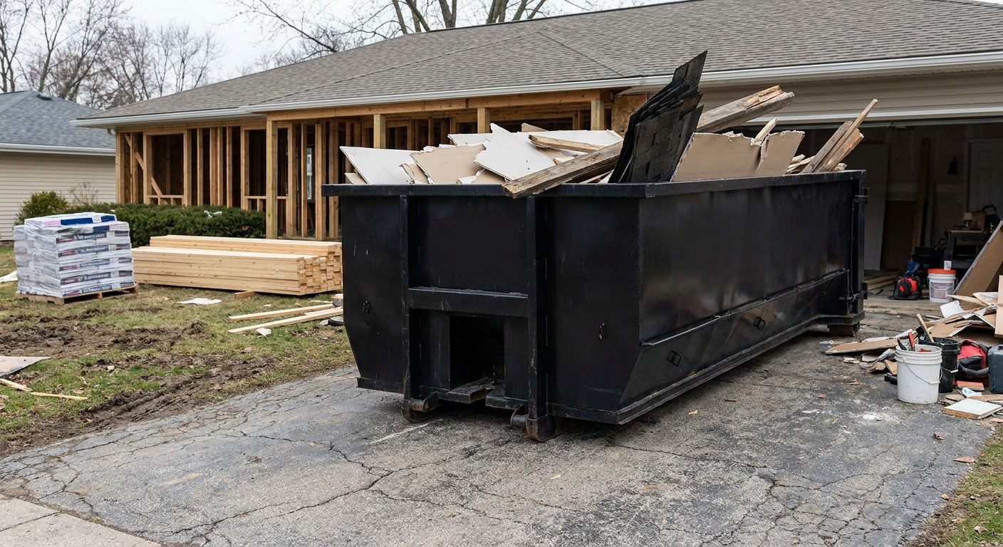 A matte-black 20-yard roll-off dumpster placed alongside a mid-renovation Santa Cruz home directly on the asphalt driveway, with framing materials and torn-off shingles staged neatly nearby.