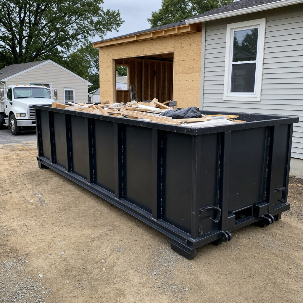A matte-black 30-yard roll-off dumpster positioned at a Santa Cruz residential addition jobsite, with framing lumber and drywall scraps loaded through the open swinging rear doors.