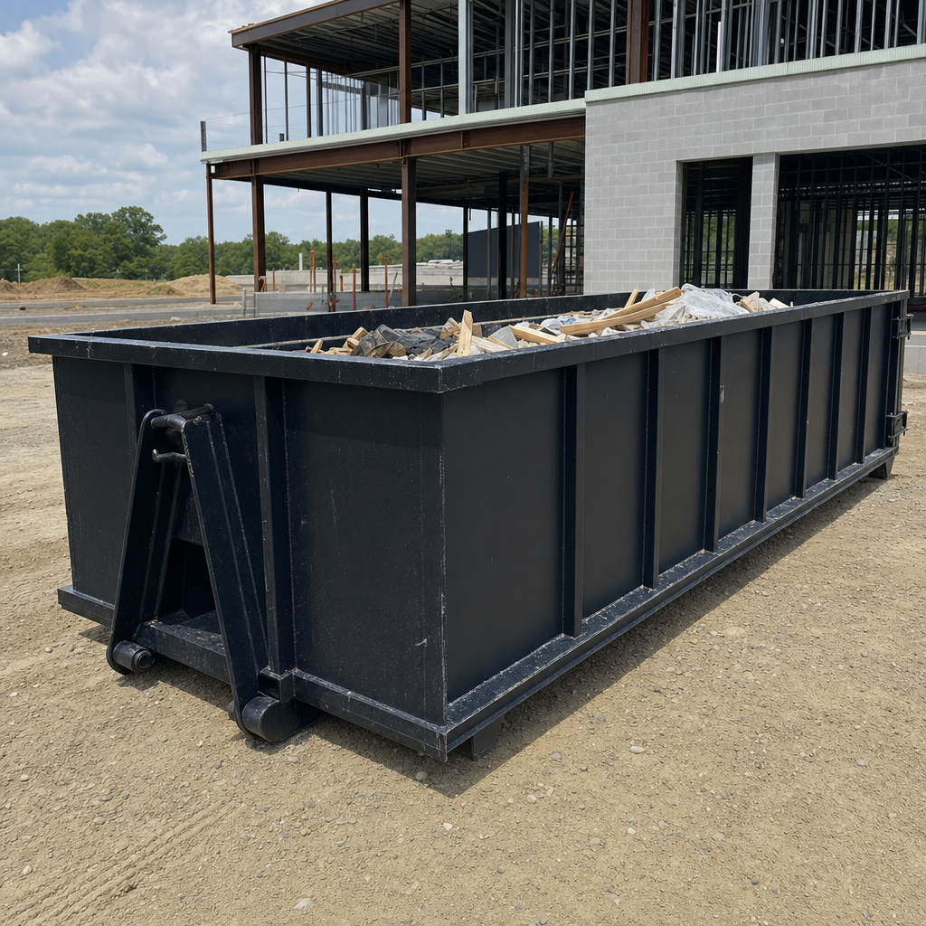 A matte-black 40-yard roll-off dumpster staged on a large Santa Cruz commercial construction lot, with a hooklift delivery truck parked alongside under bright midday sky.