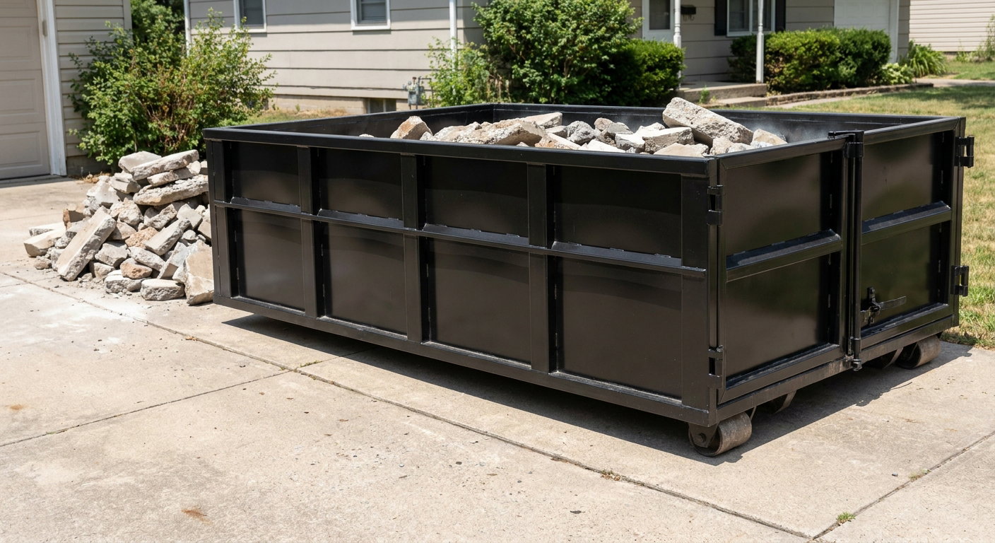 A matte-black low-side heavy-debris roll-off dumpster placed directly on a Santa Cruz concrete driveway, with broken concrete chunks neatly stacked beside it under clean daylight.